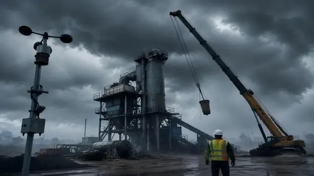 Storm wind at asphalt plant crane operation.